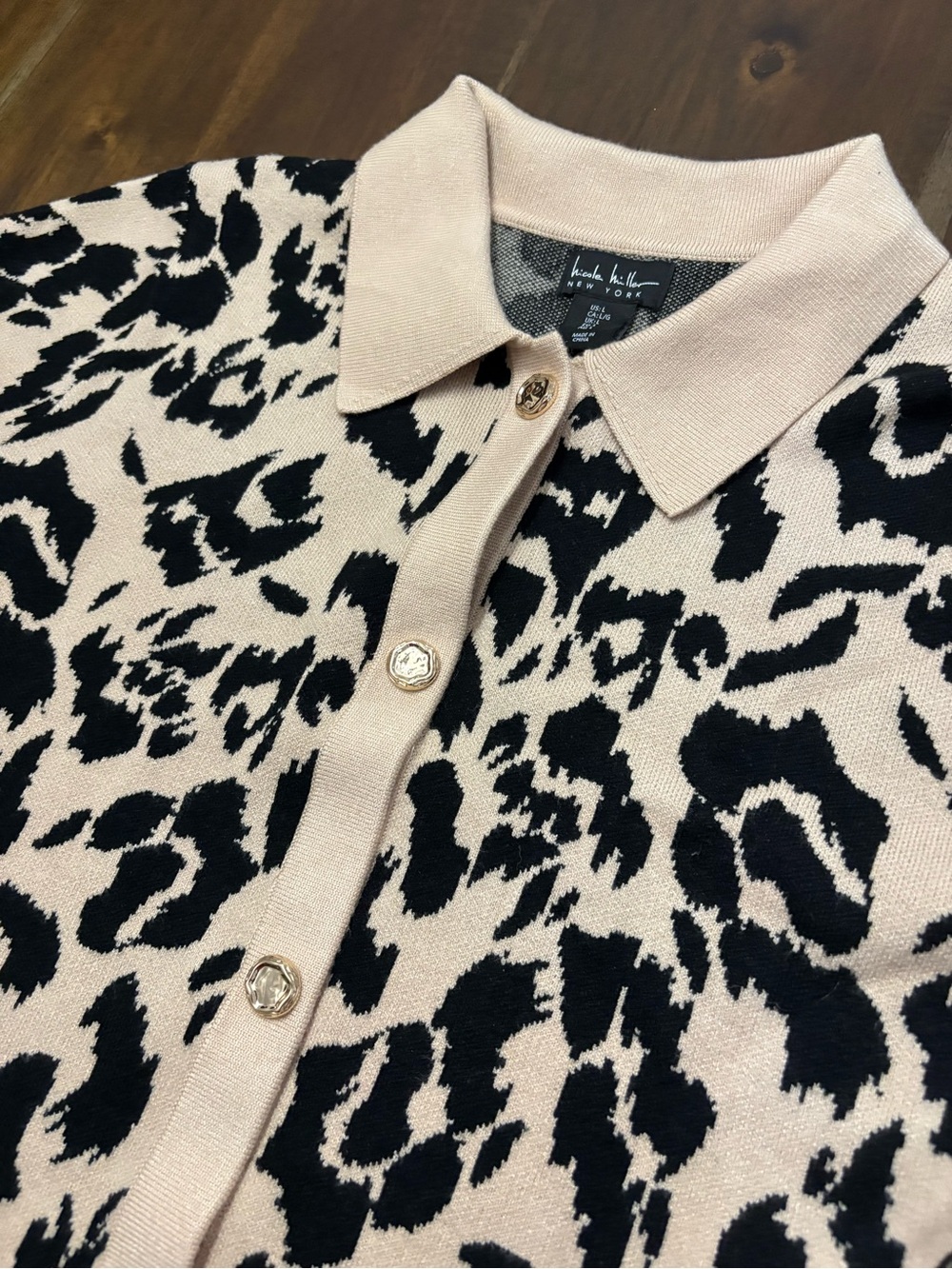 Women’s Beige and Black Leopard Print Polo Button-Up Top by Nicole Miller - Picture 2 of 8